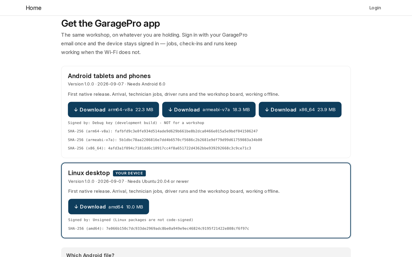 The GaragePro download page: Android, Windows and Linux builds with checksums