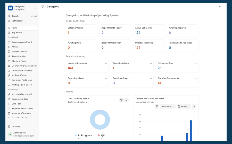 A tour of GaragePro: the workshop dashboard, the waiting-room board and the app downloads
